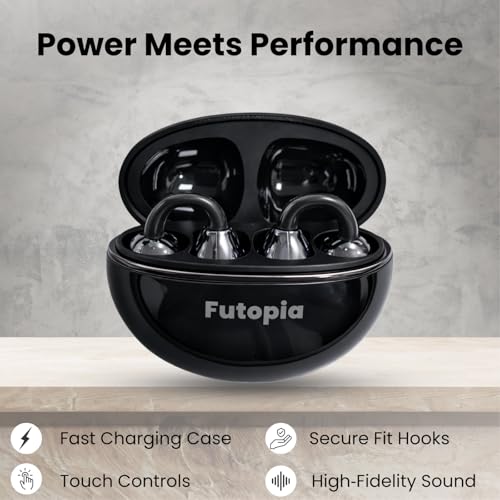 Image of Futopia Loop (OWS) Wireless Bluetooth Earbuds 5.4, Open Ear Design, 10mm Copper Speaker, 300mAh Charging Case, Type-C Fast Charging, HD Sound, BT Name Change, Built-in Mic-Black
