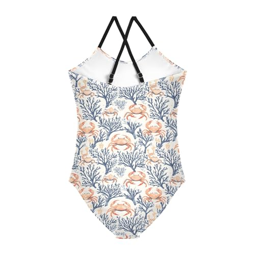 senya Girls Swimsuits One-Piece Swimwear Tie Bathing Suit Beach Summer Round Neck 9-10T Crab Coral Pattern2