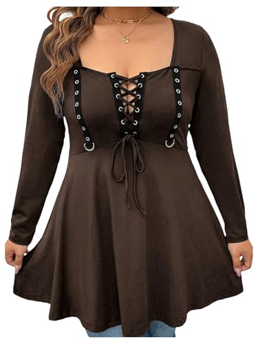 Image of SOLY HUX Women's Plus Size Peplum Tops Lace Up Square Neck Long Sleeve Ruffle Hem Tee Flowy Casual T Shirt