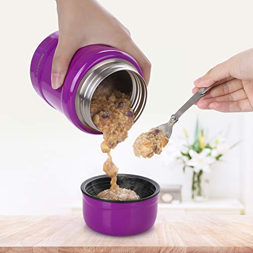 Nomeca Insulated Food Jar Thermos Lunch Container with Folding Spoon, 16 Oz Stainless Steel Double Wall Vacuum Hot Cold Food Container Wide Mouth Leak Proof Lunch Box for Kids Adults - Purple