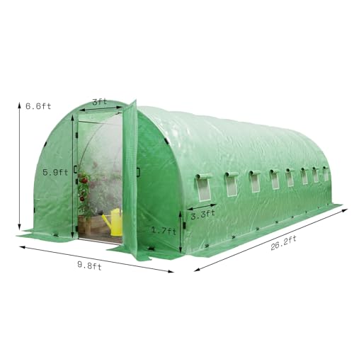 AMERLIFE 26x10x7ft Large Walk-in Greenhouse for Outdoors with Watering System Upgraded Swing Door Tunnel Greenhouse kit, Heavy Duty Galvanized Steel Frame, 16 Windows, Ground Pegs & Film Clips, Green