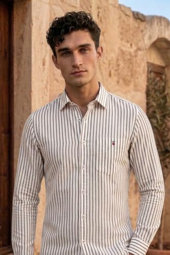 Image of Louis Philippe Men's Slim Fit Signature Oxford Easy Care, Natural Stretch Full Sleeve Stripe Casual Shirt