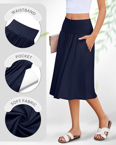 Ficerd 3 Pack Women's Knee Length Casual Skirts with Pockets, Flared High Waisted Midi Pleated Flowy a Line Summer Skirts3