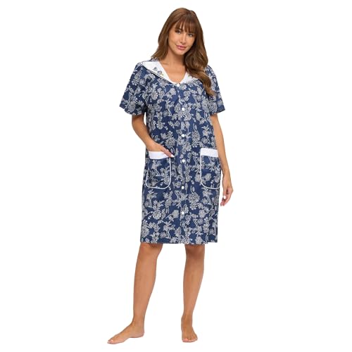 Casual Nights - Snap Front Lightweight Housecoats for women | House Dresses With Pockets | Women's Short Sleeve Duster | Lounging & Post-Surgery Wear | Cotton Poly Knit, Mid Calf | Floral Denim 4X