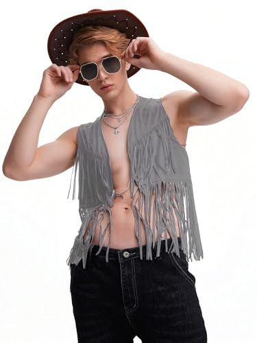 Men's Fringe Open Front Sleeveless Jacket Vest Party Club Outerwear4
