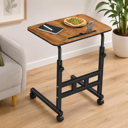 Image of amazon basics Adjustable Sofa Side Table with Wheels, Portable Bedside Table for Bed and Sofa, Rolling Study Desk, Height Adjustable 26-34 Inch, 23.5 x 15.5 Inch Top Brown