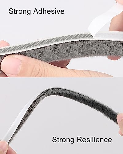 Image of 33 Ft Brush Weather Stripping Door Window Seal Strip, Self Adhesive Seal Strip Neat Pile Weatherstrip Draft Stoppers Soundproofing, Windproof, Dustproof, 11 /32 x 3 /16 inch Brush, Grey