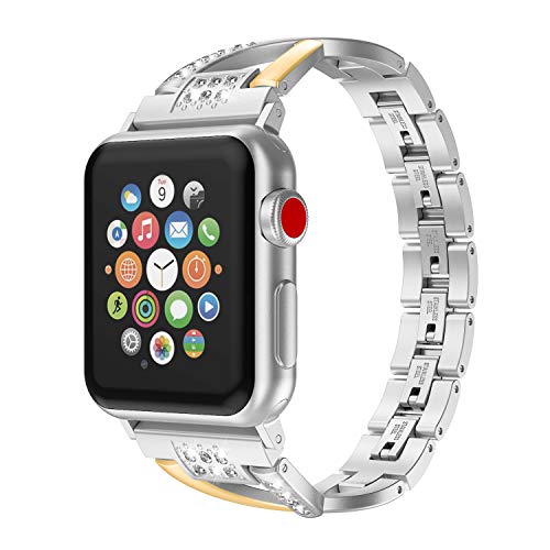 Image of Wearlizer Pure Gold Silver Compatible with Apple Watch Band 38 /40 /41 /42mm Womens Color 2-Tone Bling Rhinestone Metal Strap X-Link Bracelet for iWatch Series 11 10 9 8 7 6 5 4 3 SE /Ultra 3 2 1