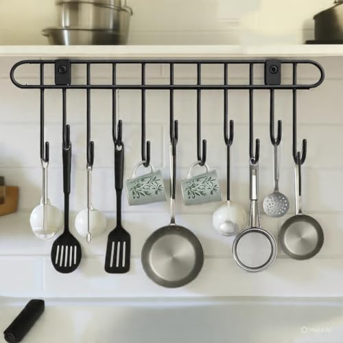 Image of Self Adhesive Kitchen Hook Rack | No Drill Wall Mounted Utensil Hanger with 11 Hooks | Heavy Duty Carbon Steel Kitchen Rail for Pots, Pans & Tools | Space Saving (Black)