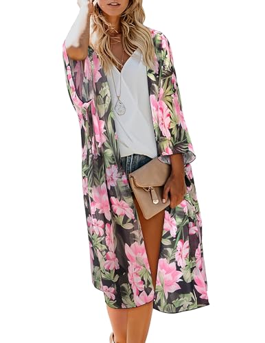 MayBuy Kimonos for Women Swimsuit Coverups Beach Cover Up Swimwear Long Flowy Chiffon Cardigan Summer Boho Open Front Cover Up (01 Black/Leaf, M)