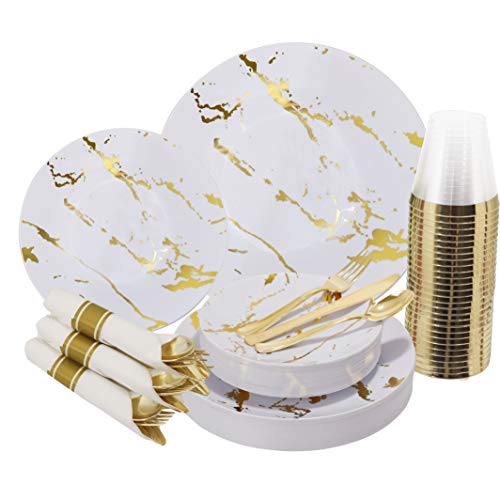 BUCLA 30Guests White And Gold Plastic Plates With Plastic Prewrapped Silverware And Gold Cups- Marble Design Disposable Plastic Dinnerware-Ideal For Weddings And Parties