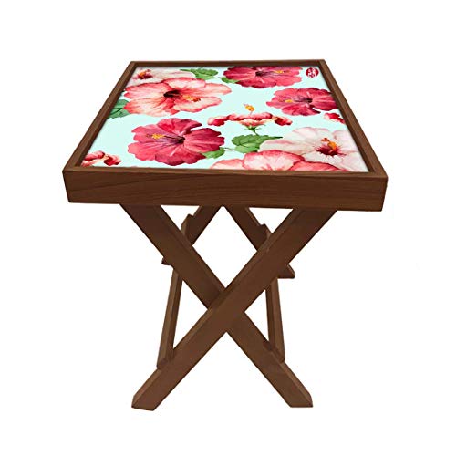 Image of Nutcase Designer Teak Wood Side Table Folding Wooden Bedside Coffee Outdoor Picnic Table - Hibiscus Floral