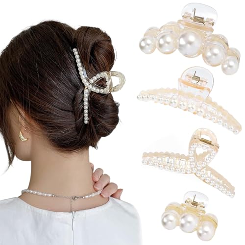 KIRZAX 4 pinze per capelli grandi con perle, antiscivolo pinze capelli donne ragazze,pinza capelli con perle resistenti antiscivolo,per capelli spessi e sottili, per acconciature per feste e matrimoni