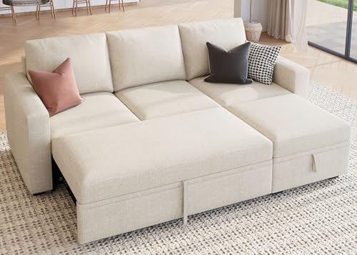 Image of HONBAY Modular Sectional Sleeper Sofa with Pull Out Bed, L Shaped Couch with Storage Seat, Modular Sectional Couches for Living Room - Beige