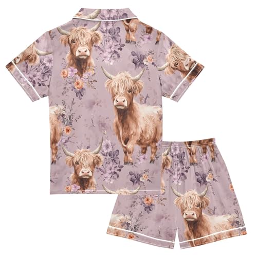 ALAZA Cute Highland Cow Flower Satin Pajamas Set Short Sleeve Button Down Sleepwear Summer Pjs 2 Piece2
