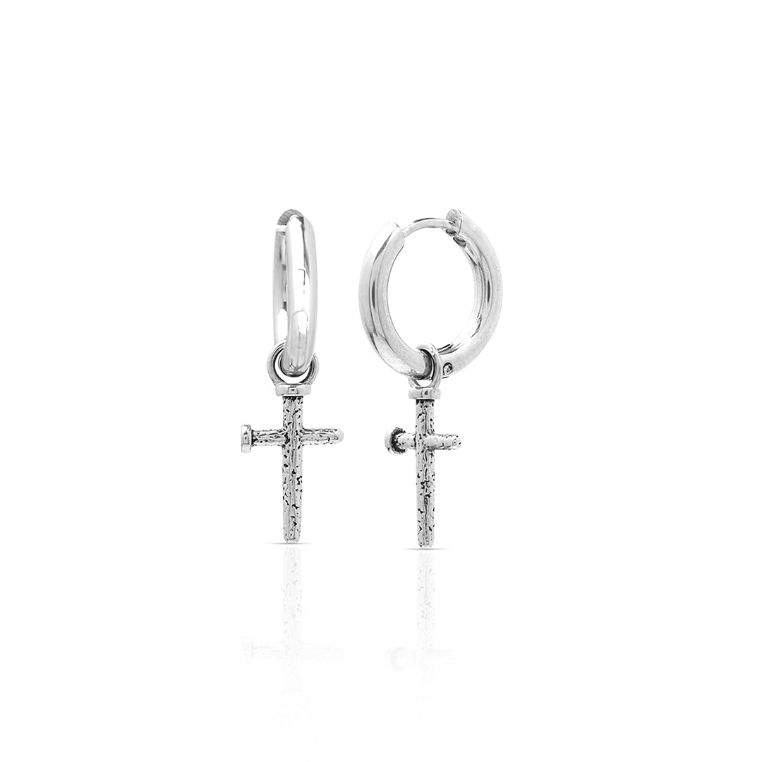 Axton Cross Drop Men's Hoop Earrings - Stainless Steel Silver Dangle Earrings for Men | Stylish & Trendy Religious Cross Charm Jewelry | Skin Friendly Daily Wear Accessories for Boys-image-31