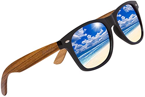 Woodies Zebra Wood Sunglasses with Ice Blue Mirrored Polarized Lens and Real Wooden Frame for Men and Women | 100% UVA/UVB Protection - Main Image