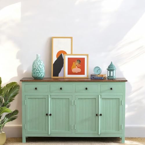Image of Solid Wood Madrid(L) Sideboard for Living Room | Kitchen Storage Cabinet | Crockery Storage Unit | Storage Cabinet (Finish- Scratch Resistant Tubaq Top and Sage Green)