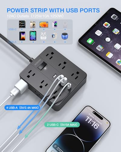 Flat Plug Power Strip, 5Ft Extension Cord with Multiple Outlets | HUNIAN 12 Widely Spaced Outlets 6 USB Charger (2 USB C Ports), Desk Charging Station for Home Office Supplies, Black miniatura 4