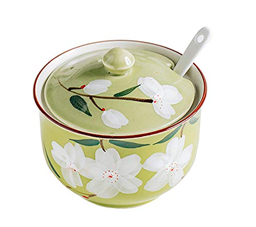 FUYU Hand-painted Flower Ceramic Condiment Pot Seasoning Jar Sugar Bowl with Lid and Spoon