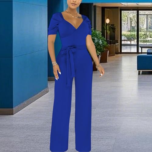 Image of PaladMom Womens Elegant Plus Size Jumpsuits Sexy Back zipper Short Sleeve Mid Waist Wide Leg Straight Rompers