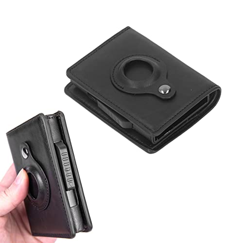 Leather Wallet for Men Women, Wallet Card Bag Aluminum Alloy PU Leather Multifunctional Anti Theft Card Holder for iOS Locator/507 (Color : Black)2