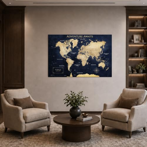 Image of IPIC Vintage Teal World Travel Map with Pins, World Map Pin Board, 42x28 in