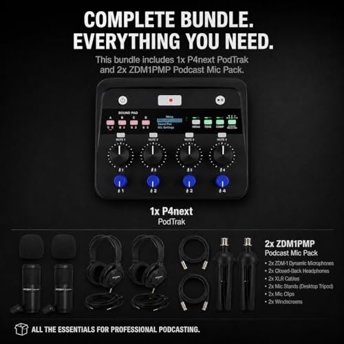 Image of Zoom PodTrak P4next Podcast Recorder Bundle with ZDM-1 Podcast Mic Pack Includes Dynamic Microphone, Headphones, Tripod, Windscreen, and XLR Cable (P4next + Podcast Mic Pack Bundle)