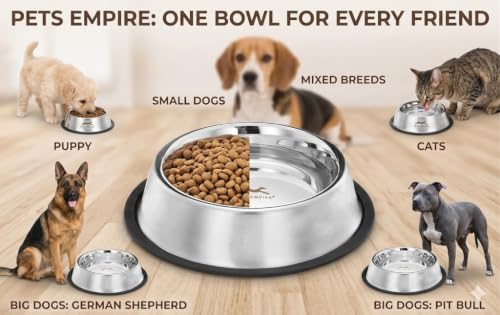 Image of Pets Empire Stainless Steel Dog Bowl with Anti-Skid Base (2500 ML) | Non-Slip Rubber Base, Food & Water Bowl, Mirror Finish, Easy to Clean, Dogs & Cats