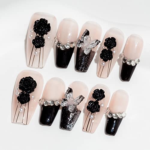 Sun&Beam Nails Handmade Long Coffin Ballerina Nude False Nail Tips with Cute 3D Black Flower Butterfly Diamond Popular Charm Design Press On Nails 10 Pcs (#69 XS)