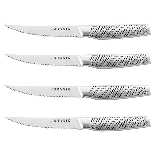 BRANIK Steak Knife Set of 4 – Premium German Stainless Steel Serrated Steak Knives with 5-Inch Blades, Ergonomic Non-Slip Handles, Dishwasher Safe & Rust Resistant – Ideal for Dining, BBQ & Gifts