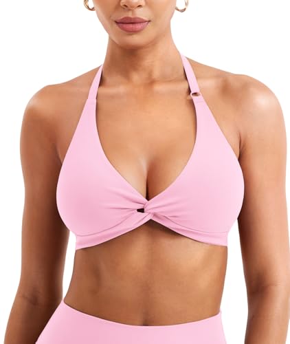 Image of YEOREO Halter Sports Bras for Women Low Impact Removable Padded Adjustable Deep V Bra Seamless Workout Gym Crop Tops
