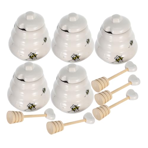 GRIRIW 5Pcs Creative Ceramic Honey Pot Jar Set with Dipper and Lid for Kitchen Storage Cute Honey Jars for Home Decor Birthdays and Celebrations