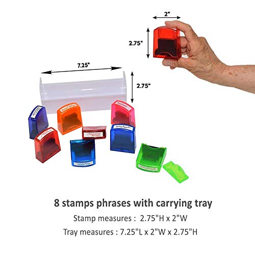 Self Inking Pre-Inked Office Stamp Set, 8 Message Account Stamp Office Stationary Stamper Business Paper Work Text File Stamps w/Tray Red\Blue\Black Ink