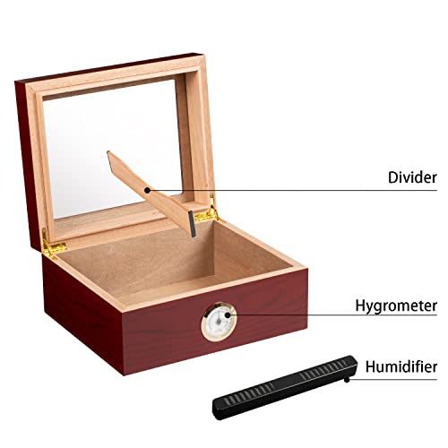 Somduy Cigar Humidor For 30-50 Cigars With Humidifier And Hygrometer,Desktop Cedar Wood Cigar Box Storage Case With Divider, Glass Top, Gift For Men,Reddish Brown #TOP6
