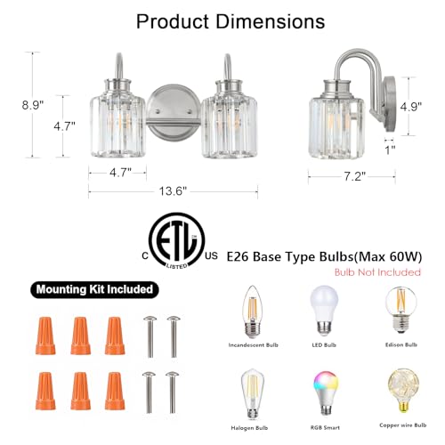 Image of Brushed Nickel Bathroom Light Fixtures with K9 Crystal Lampshade Bathroom Lighting Over Mirror Vanity Lights for Living Room,Bedroom,Restroom,Hallway 2 Lights