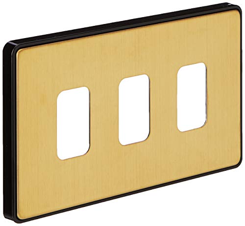 MK Dimensions 3 Module Grid Satin Brass Finish Frontplate with a Black Trim, Satin Brass With Black Insert