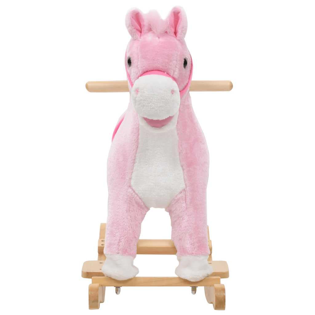 Schaukeltier Pferd für Kinder Plüsch Schaukelpferd mit Holzsockel und Sicherheitsrahmen Rosa 65x32x58 cm