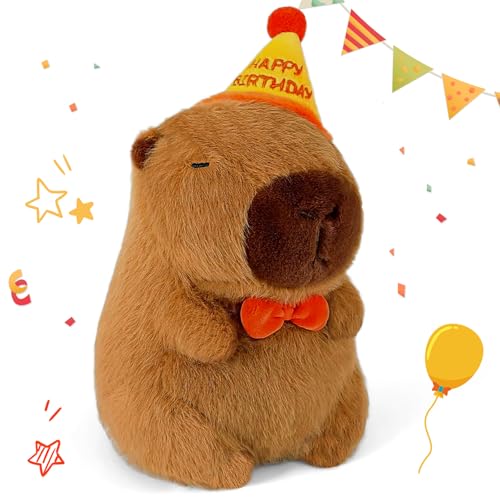 LHOEST Capybara Peluche Kawaii Poupée en Peluche Capibara avec Chapeau d'anniversaire Peluches Mignonne Animal en Peluches Capybara de Simulation Doudou...