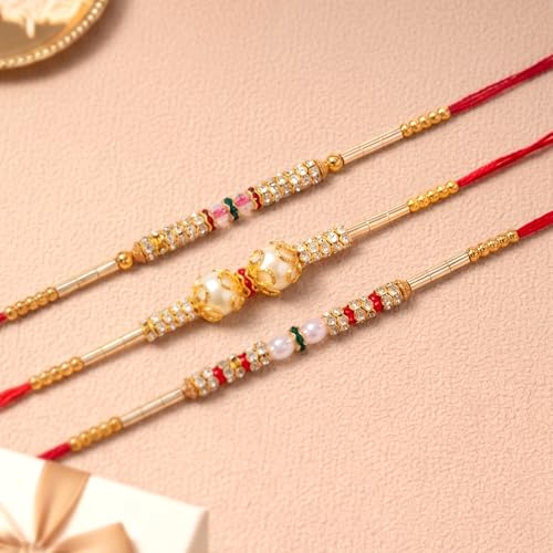 Image of Peora Om Shree Ram Swastik Rakhi for Brother Bhaiya | Crystal & Beads Studded | Red Thread | Raksha Bandhan Hamper with Roli Chawal Greeting Card