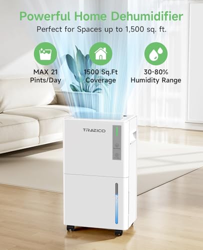 Image of 1500 Sq.ft Dehumidifier for Basement, Trazico 21 Pint Quiet Dehumidifiers for Home with Drain Hose, Smart Humidity Control, 3 Modes, 24H Timer, Auto Defrost, for Large Room, Bedroom, and Bathroom