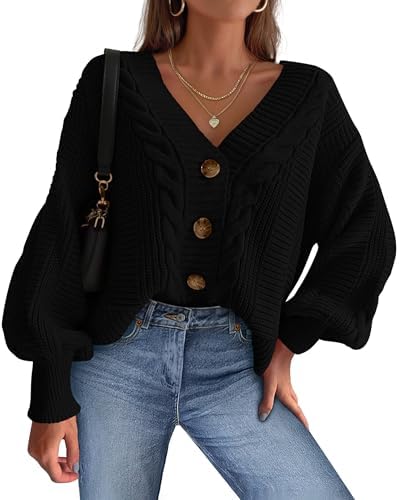 dowerme Cardigan Sweaters for Women Fall Fashion 2025 V Neck Long Sleeve Chunky Cable Knit Sweaters Button Loose Outwear