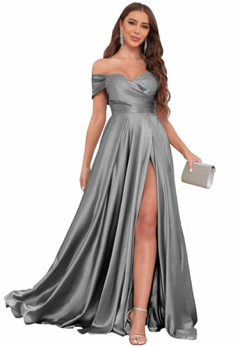 Image of SOLODISH Off The Shoulder Satin Prom Dresses for Women Long Formal Evening Party Dress with Slit