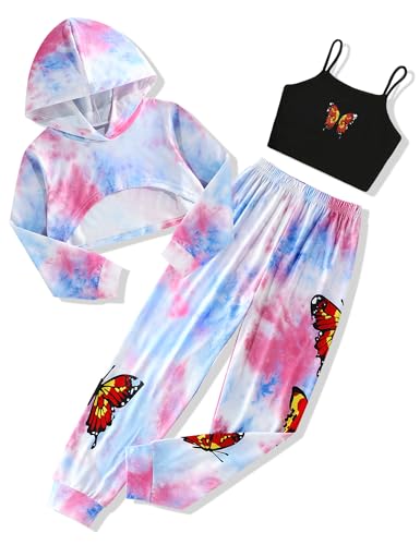 Image of Gaupafmb Girls Clothes 3PC Tie-dye with Butterfly Print Hoodie Sweatshirt Butterfly Print Cami Tops Sweatpants Girls