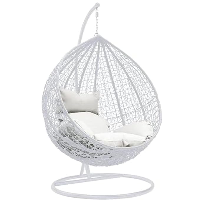 Image of Rattan Single Seater Swing Chair with Stand and Cushion Hammock Swing for Adult Outdoor Indoor Garden Living Room Balcony Relaxing Chair Jhula(White and White)