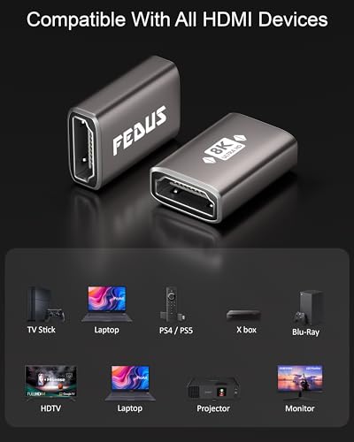 Image of FEDUS Eikon 8K HDMI Coupler Female to Female Adapter Jointer, HDMI Cable 2.1 Extender Connector (8K@60Hz, 4K@120Hz) Aluminum Body for PS5, Xbox, PC, TV Stick, Roku, Monitor - High-Speed 48Gbps