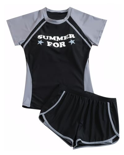 Girls Two Piece Short Sleeve Swimsuit Set with Shorts UPF 50+ Beach Rash Guard