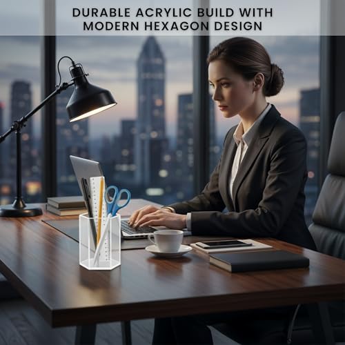 Image of Acrylic Pen Holder for Desk | Hexagonal Cute Pen Holder | Multipurpose Clear Acrylic Makeup Organizers, Clear Toothbrush Holder Cups & Pencil Cups for Classroom, Office Desk Accessories
