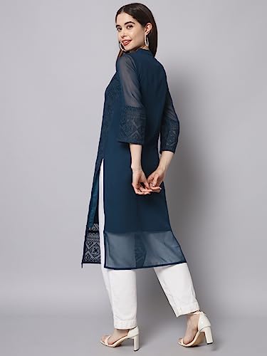 Image of Ekasya Women's Georgette Embroidered Work Kurta with Notch Neck 3 /4 Sleeves Straight Cut Calf Length | E1547