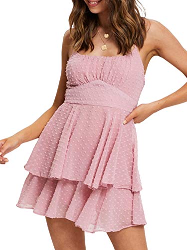 Simplee Women s Summer Spaghetti Strap Ruffle Romper Swiss Dot Short Jumpsuits (Pink 4-6)